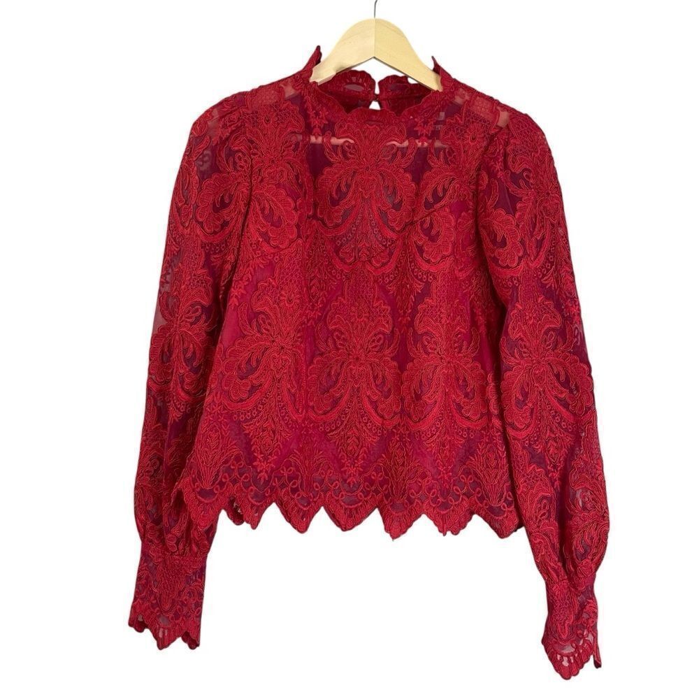 Saylor Norma Red Lace Top Long Sleeve High Neck Sheer